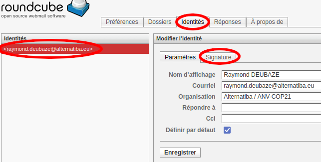 Paramètres Roundcube : identités > signature