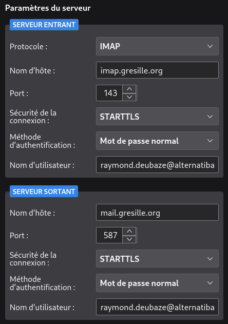 Paramètres serveur de Thunderbird