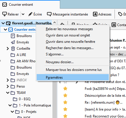 Paramètres Thunderbird